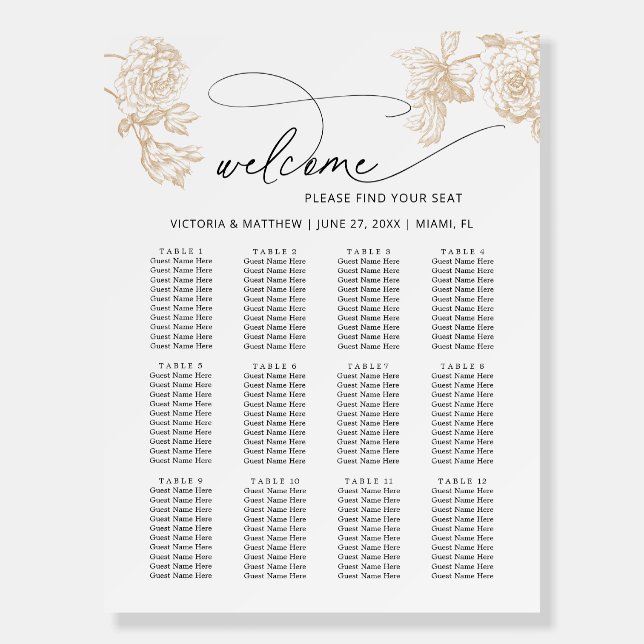 Elegant Floral 12 Table Wedding Seating Chart F Foam Board (Front)