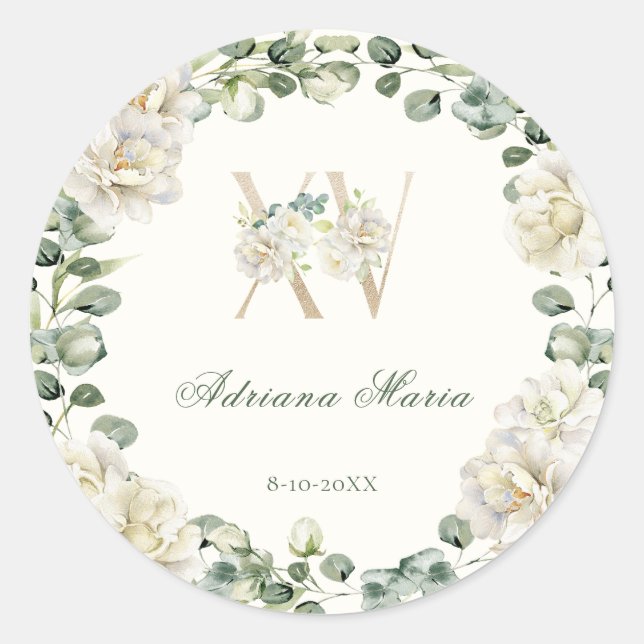 Elegant Floral 15th Birthday Quinceanera Classic Round Sticker (Front)