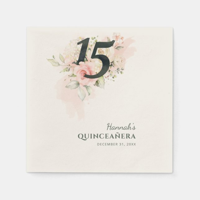 Elegant Floral 15th Birthday Quinceanera Party Napkins (Front)