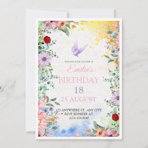 Elegant Floral 18th Birthday Invitation with Water