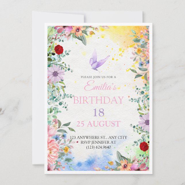 Elegant Floral 18th Birthday Invitation with Water (Front)