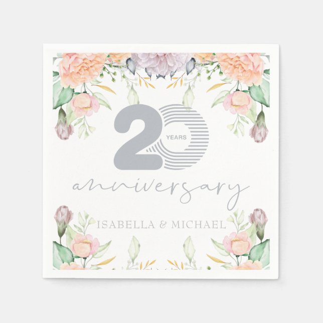 Elegant Floral 20th Wedding Anniversary Napkins (Front)