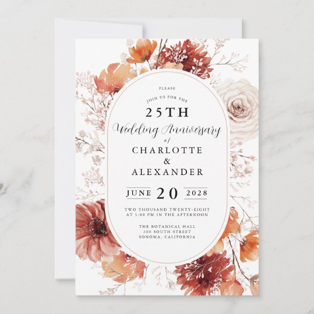 Elegant Floral 25th Wedding Anniversary Invitation (Front)