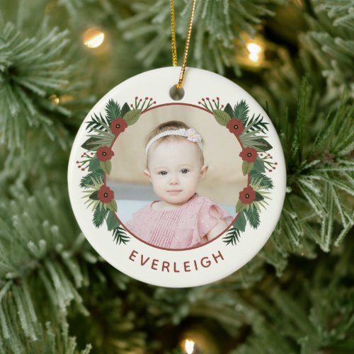 Elegant Floral 2 Photo Babys 1st Christmas   Ceramic Ornament