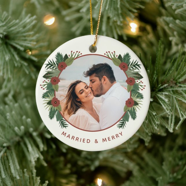 Elegant Floral 2 Photo Married First Christmas Ceramic Ornament (Tree)