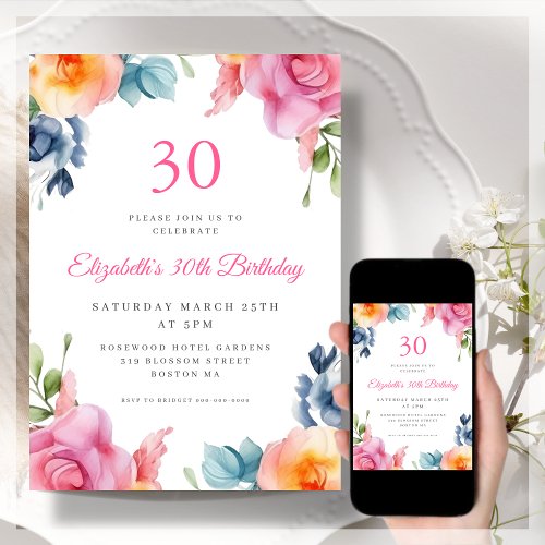 Elegant Floral 30th Birthday Invitation