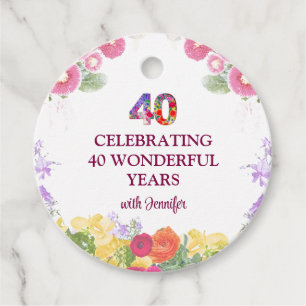 Elegant Floral 40th Birthday Party / 40 Years Favor Tags