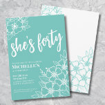 Elegant Floral 40th Birthday Party Invitation<br><div class="desc">Floral Forty Teal Blue 40th Birthday Party Invitation. A fun but elegant 50th birthday party invitation with feminine turquoise or teal blue and white flowers for the young at heart. A playful flower pattern frames a script typography "she's forty" mixed with a more classic serif font. Celebrate forty years of...</div>
