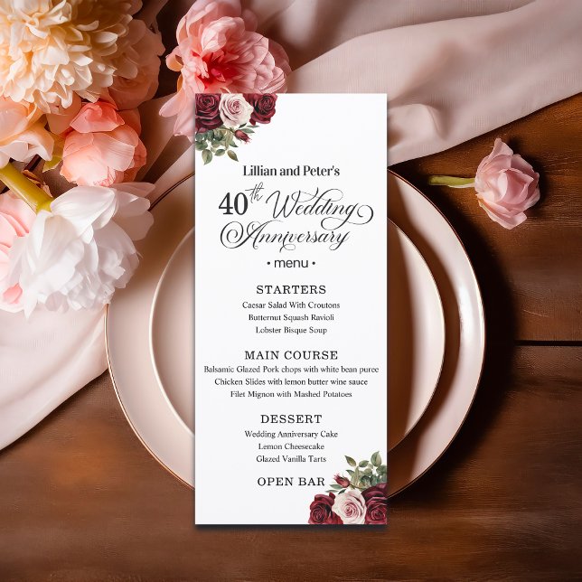 Elegant Floral 40th Wedding Anniversary Menu (Creator Uploaded)