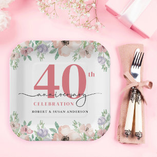 Elegant Floral 40th Wedding Anniversary Paper Plates