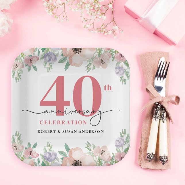 Elegant Floral 40th Wedding Anniversary Paper Plates (Creator Uploaded)