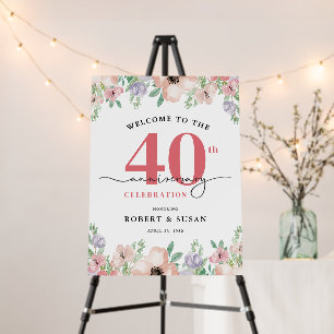 Elegant Floral 40th Wedding Anniversary Welcome Foam Board