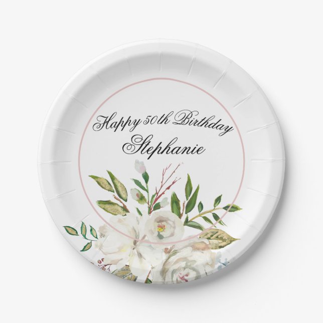 Elegant Floral 50th Birthday Paper Plates (Front)