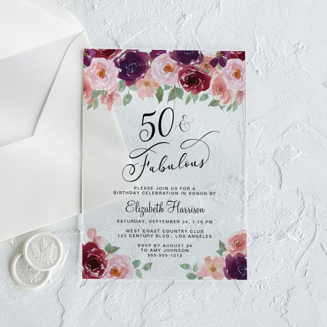 Elegant Floral 50th Birthday Party Acrylic Invitations (Creator Uploaded)