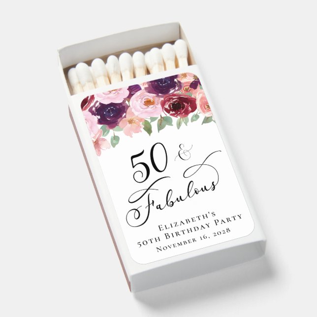 Elegant Floral 50th Birthday Party Favor Matchboxes (Front Open)