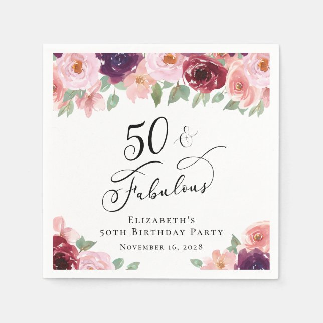 Elegant Floral 50th Birthday Party Napkins (Front)