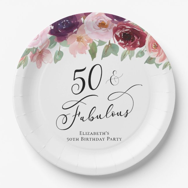 Elegant Floral 50th Birthday Party Paper Plates (Front)