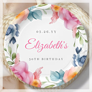 Elegant Floral 50th Birthday Party Paper Plates