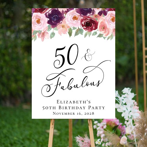 Elegant Floral 50th Birthday Party Welcome Foam Board