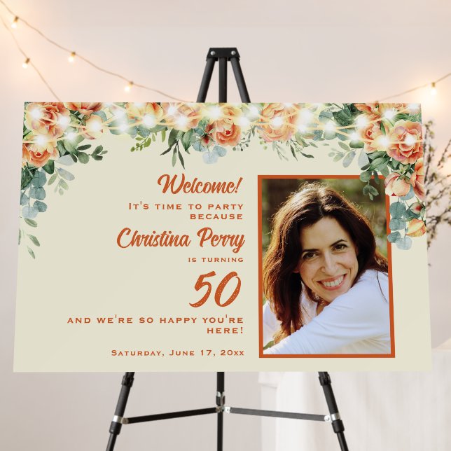 Elegant Floral 50th Birthday Party Welcome Sign (In Situ (Stand))