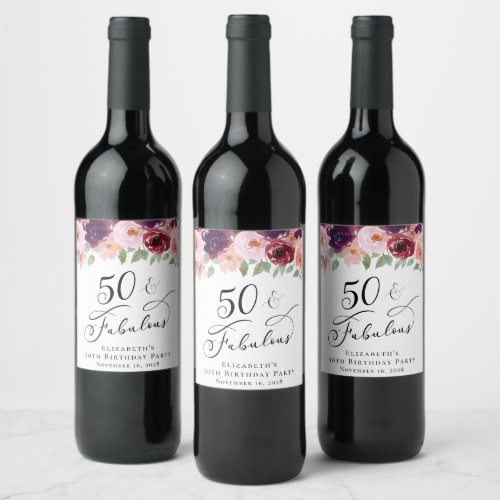 Elegant Floral 50th Birthday Party Wine Label