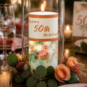 Elegant Floral 50th Birthday Pillar Candle