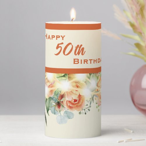 Elegant Floral 50th Birthday Pillar Candle