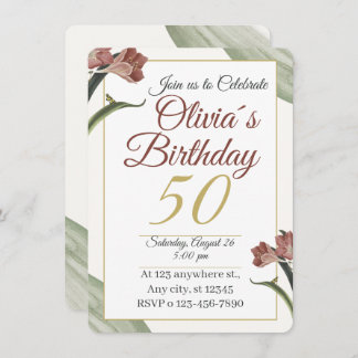 Elegant Floral 50th – Gold and Blush Flower Invitation