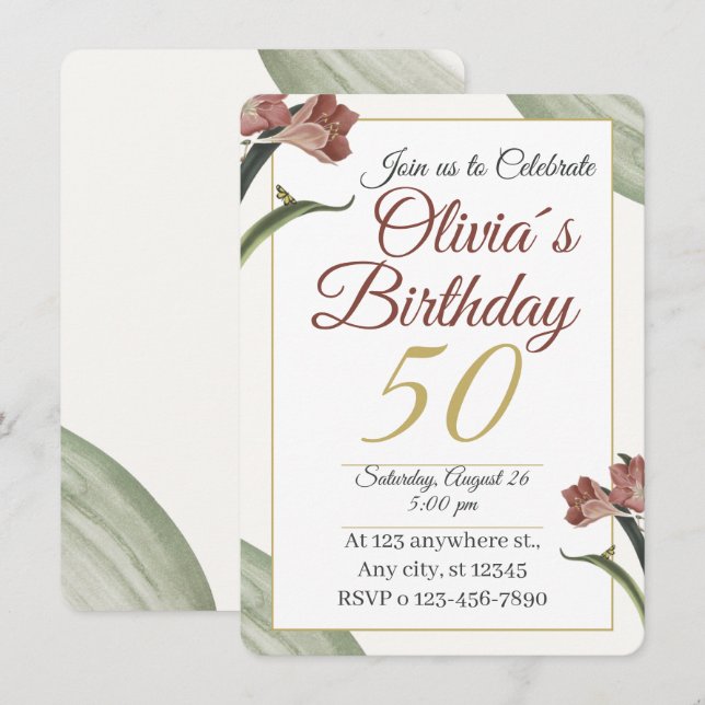 Elegant Floral 50th – Gold and Blush Flower Invitation (Front/Back)