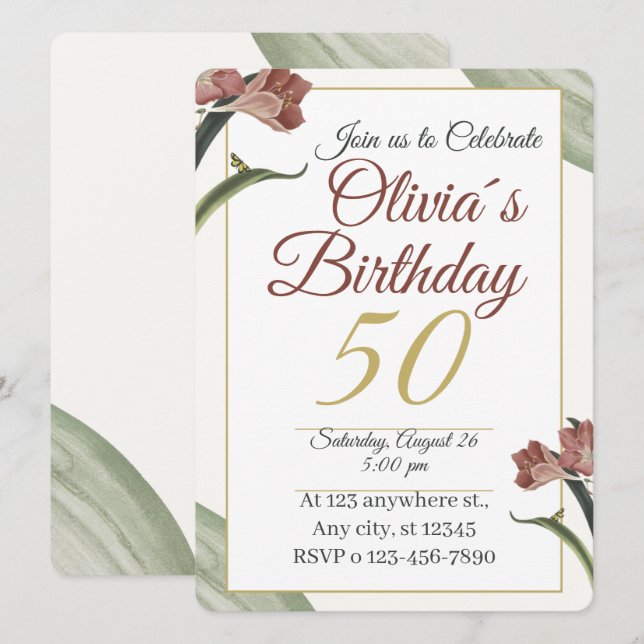 Elegant Floral 50th – Gold and Blush Flower Invitation (Front/Back)