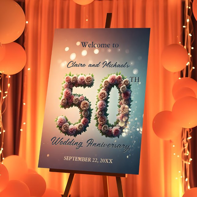Elegant Floral 50th Wedding Anniversary  Foam Board (Creator Uploaded)