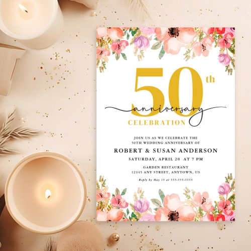 Elegant Floral 50th Wedding Anniversary Invitation