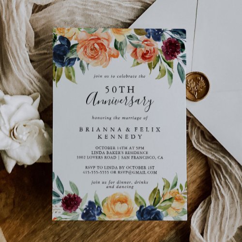 Elegant Floral 50th Wedding Anniversary  Invitation