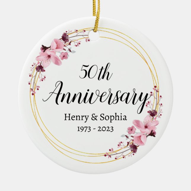 Elegant Floral 50th Wedding Anniversary Keepsake Ceramic Ornament (Front)