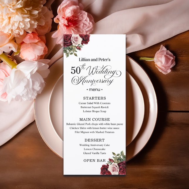 Elegant Floral 50th Wedding Anniversary Menu (Creator Uploaded)