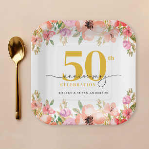 Elegant Floral 50th Wedding Anniversary Paper Plates