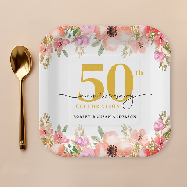 Elegant Floral 50th Wedding Anniversary Paper Plates (Creator Uploaded)