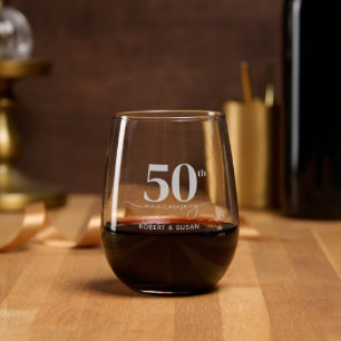 Elegant Floral 50th Wedding Anniversary Stemless Wine Glass