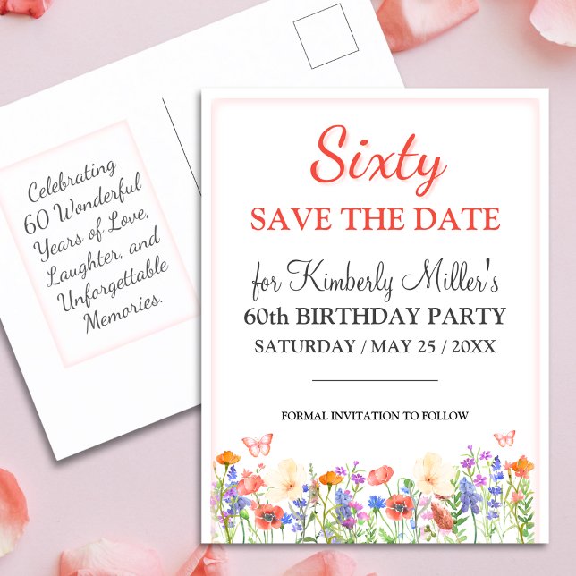 Elegant floral 60th birthday card 60 Save the date (Creator Uploaded)
