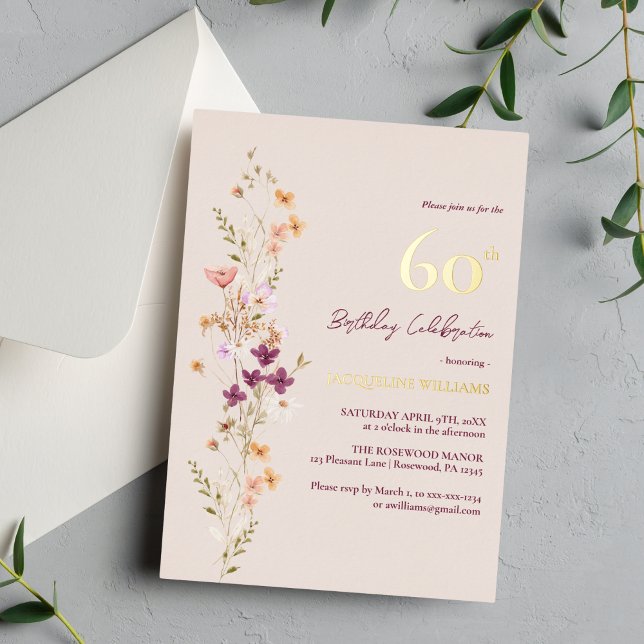 Elegant Floral 60th Birthday Foil Invitation (Creator Uploaded)