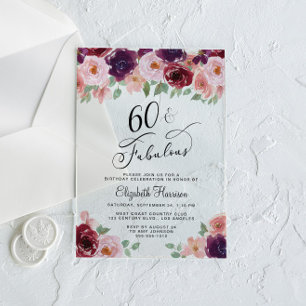 Elegant Floral 60th Birthday Party Acrylic Invitations