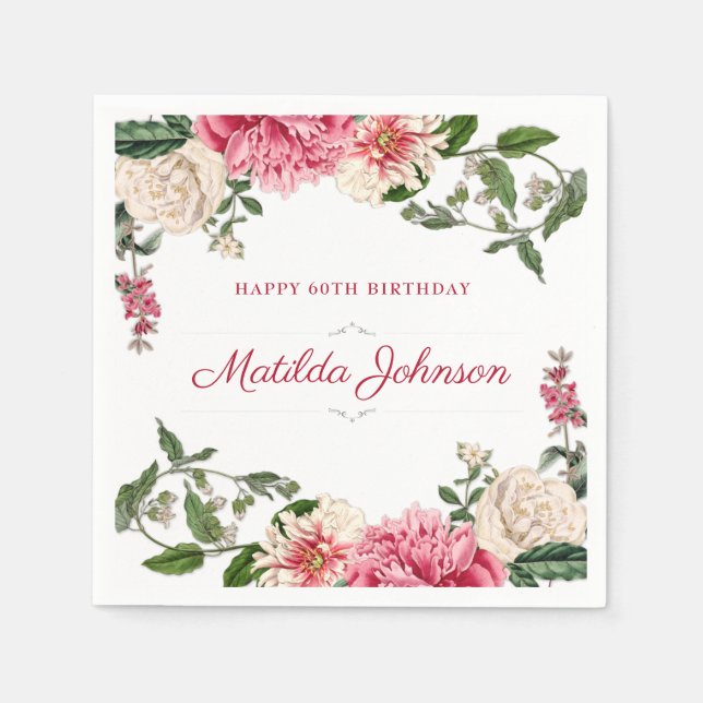 Elegant Floral 60th Birthday Party Classy Custom Napkins (Front)