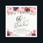 Elegant Floral 60th Birthday Party Napkins<br><div class="desc">Elegant napkins for her 60th birthday party that feature "60 & Fabulous" in a stylish script and watercolor bouquets of burgundy red,  blush pink and purple florals with light sage greenery. Personalize with her name and the party date.</div>