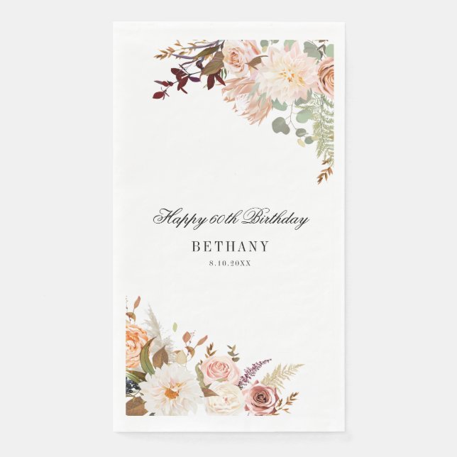 Elegant Floral 60th Birthday Party Paper Guest Towels (Front)