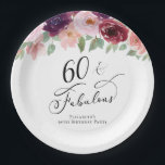 Elegant Floral 60th Birthday Party Paper Plates<br><div class="desc">Elegant paper plates for her 60th birthday party that features "60 & Fabulous" in a stylish script and watercolor bouquets of burgundy red,  blush pink and purple florals with light sage greenery.</div>