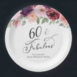 Elegant Floral 60th Birthday Party Paper Plates<br><div class="desc">Elegant paper plates for her 60th birthday party that features "60 & Fabulous" in a stylish script and watercolor bouquets of burgundy red,  blush pink and purple florals with light sage greenery.</div>