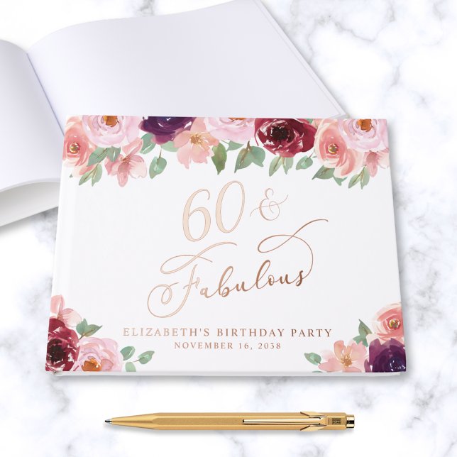 Elegant Floral 60th Birthday Party Rose Gold Foil Guest Book (Creator Uploaded)