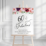 Elegant Floral 60th Birthday Party Welcome Foam Board<br><div class="desc">Elegant welcome sign and photo backdrop for her 60th birthday party that features "60 & Fabulous" in a stylish script and watercolor bouquets of burgundy red,  blush pink and purple florals with light sage greenery. Personalize with her name and the party date.</div>