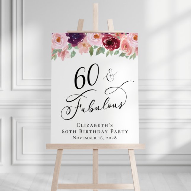 Elegant Floral 60th Birthday Party Welcome Foam Board (Creator Uploaded)