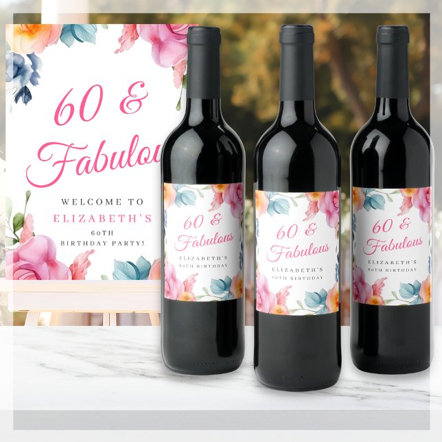 Elegant Floral 60th Birthday Party  Wine Label (Creator Uploaded)